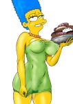  blue_hair donut erect_nipples food marge_simpson pearls pussy_juice solo the_simpsons wet white_background yellow_skin 