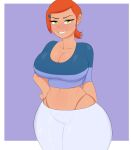  1girl 1girl 1girl aged_up alternate_version_available bedroom_eyes ben_10 big_breasts clothing curvy_figure earrings female_only g3mma green_eyes gwen_tennyson huge_breasts orange_hair short_hair smile sweat thick_thighs thighs wide_hips 