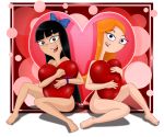 black_hair blue_eyes blush bow bracelet breasts brown_eyes candace_flynn feet female_only frozenzombie heart_background heart_pillow long_hair nude orange_hair phineas_and_ferb pillow red_hair redhead smile stacy_hirano valentine valentine&#039;s_day