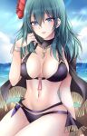 1girl :d alluring big_breasts bikini black_bikini black_cape blue_eyes blue_sky breasts byleth_(fire_emblem) byleth_(fire_emblem)_(female) byleth_(summer)_(fire_emblem)_(female) cape cloud commentary_request dagger day fire_emblem fire_emblem:_three_houses fire_emblem_heroes flower hair_flower hair_ornament high_res kirishima_riona knife long_hair looking_at_viewer navel nintendo official_alternate_costume open_mouth red_flower sitting sky smile stomach swimsuit teal_hair thighs weapon