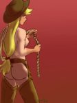 applejack applejack_(mlp) ass blonde_hair breasts chaps cowboy_hat cowgirl freckles friendship_is_magic funakounasoul-mlps hat long_hair looking_back my_little_pony nude rope solo_female tan tan_line