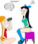 ass black_eyes black_hair bottomless bow camera candace_flynn female_masturbation female_only funny hellahellastyle long_hair masturbation orange_hair phineas_and_ferb recording sandals smile stacy_hirano stockings video_camera