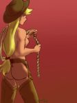  applejack applejack_(mlp) ass blonde_hair breasts chaps cowboy_hat cowgirl freckles friendship_is_magic funakounasoul-mlps hat long_hair looking_back my_little_pony nude rope solo_female tan tan_line 
