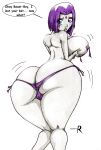 ass ass_crack big_ass big_breasts blue_eyes breasts bubble_butt dc_comics funny grey_skin happy-r lipstick looking_back pale_skin panties purple_hair raven_(dc) short_hair side-tie_panties teen_titans topless underwear wide_hips