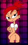  ass black_eyes breasts cover_up ear_piercing earrings foster&#039;s_home_for_imaginary_friends frankie_foster hairless_pussy jewelry looking_back no_panties piercings ponytail pussy rayryan_(artist) red_hair shirt_lift skirt skirt_down smile solo 