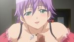  1girl animated animated_gif bare_shoulders blush breast_squeeze breasts breasts_outside censored cross cross_necklace gif green_eyes kanojo_x_kanojo_x_kanojo looking_at_viewer lowres lying open_mouth orifushi_natsumi paizuri penis purple_hair shiki_haruomi smile talking 