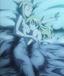  2girls arms back bare_shoulders bed bed_sheet blonde_hair breast_grab breast_pillow breasts closed_eyes covering elina fanservice female female_only grabbing hair happy highres hugging incest leina long_hair lying multiple_girls nude nude_cover on_side pillow queen&#039;s_blade screencap siblings sisters sleeping smile subtext under_covers yuri 
