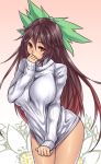  1girl black_hair blush bottomless bow breasts brown_hair covering_mouth female hair_bow hand_over_mouth hand_over_own_mouth houtengeki huge_breasts long_hair looking_at_viewer naked_sweater no_pants red_eyes reiuji_utsuho ribbed_sweater shirt_tug solo sweater thighs touhou very_long_hair 