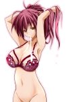  1girl armpits arms_up big_breasts bottomless bra breasts brown_eyes cleavage duplicate hairdressing large_breasts lingerie long_hair mouth_hold navel no_panties original pink_hair red_bra red_hair ribbon ribbons shibamine_takashi solo underwear yellow_eyes 