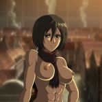  1:1_aspect_ratio 1girl abs attack_on_titan black_hair breasts female_only high_resolution looking_at_viewer mikasa_ackerman muscle muscular_female nipples scarf shingeki_no_kyojin short_hair smile topless upper_body very_high_resolution 
