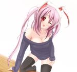  1girl :d ;d alternate_costume alternate_hairstyle animal_ears arm_support bare_shoulders big_breasts black_legwear blush bottomless breasts bunny_ears chimunge cleavage dutch_angle female kneel kneeling large_breasts leaning_forward long_hair naked_sweater no_pants off_shoulder one_eye_closed open_mouth purple_hair red_eyes reisen_udongein_inaba ribbed_sweater smile solo stockings sweater thighhighs touhou twin_tails twintails wink 