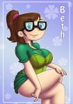 1girl bespectacled beth_(tdi) big_breasts black_eyes breasts brown_hair character_name clothed crossed_legs crossed_legs_(sitting) female female_human female_only freckles glasses human innocenttazlet nerd ponytail shiny shiny_skin smile solo_female total_drama_island wide_hips