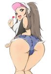  ass bare_legs bare_shoulders baseball_cap bent_over big_ass blush breasts brown_eyes brown_hair cameltoe candy denim denim_shorts female female_protagonist_(pokemon_bw2) from_behind game_freak hat hilda_(pokemon) huge_ass humans_of_pokemon jeans lollipop long_hair looking_back mandalin nintendo open_mouth payot pokemon pokemon_(anime) pokemon_(game) pokemon_black_2_&amp;_white_2 pokemon_black_and_white pokemon_bw pokemon_bw2 ponytail saliva short_shorts shorts sidelocks solo tongue torn_clothes torn_jeans touko_(pokemon) vest white_(pokemon) wristband 