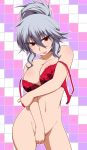 :p alternate_hairstyle bottomless bottomless_female bra breasts cleavage covering covering_crotch covering_pussy female grey_hair hair_up hayashi_custom hayashi_kasutamu izayoi_sakuya large_breasts lingerie naughty_face navel no_panties off_shoulder ponytail red_bra red_eyes silver_hair smile solo strap_slip the_embodiment_of_scarlet_devil tongue tongue_out touhou underwear unfastened