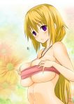 1girl between_breasts blonde_hair breasts character_request charlotte_dunois female infinite_stratos jewelry navel necklace purple_eyes solo strapless tubetop undersized_clothes yahiro_pochi 