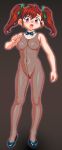  1_female 1_girl 1_human 1girl bakusou_kyoudai_let&#039;s_go_max blue_eyes blush body_stocking bodystocking bow breasts brown_background brown_hair female female_human female_only fishnet_bodysuit fishnet_top fishnets full_body genka_ichien hairless_pussy high_heels highres hips legs long_hair navel nipples oogami_marina open_mouth outline purple_eyes pussy red_hair see-through shoes simple_background solo standing surprised twin_tails twintails uncensored 