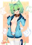  :3 :p absurd_res absurdres ahoge animal_ears blush breasts cat_ears cat_tail collar dodome-iro_mayonnaise dodome_(sharon) green_eyes green_hair groin high_res highres hood hoodie mound_of_venus navel no_bra no_pants open_clothes open_hoodie original panties paw_print sharon_(dodomayo) short_hair solo stockings striped striped_panties tail thigh_gap thighhighs tongue tongue_out underwear unzipped white_legwear zipper |_| 