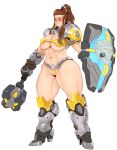  1girl abs amazon armor big_breasts blush boots breasts brigitte_(overwatch) brigitte_lindholm brown_hair cleavage female_only footwear full_body greaves heavy_blush holding_weapon mace muscular_female navel overwatch ponytail shield shoulder_armor six_pack skimpy sundown sunnysundown sweat thick_thighs tied_hair unconvincing_armor under_boob video_game warrior weapon white_background wide_hips 