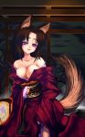  1girl animal_ears areola areolae bare_shoulders big_breasts breasts brown_hair cleavage coffee_cat copyright_request high_res highres japanese_clothes kimono kitsune large_breasts long_hair purple_eyes solo tail 