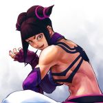  1girl bare_back bare_shoulders black_hair breasts capcom crazy_eyes detached_sleeves drill_hair elbow_gloves fingerless_gloves gloves halter_top halterneck juri_han lips looking_at_viewer medium_breasts muscle red_eyes short_hair sideboob simulex solo street_fighter street_fighter_iv street_fighter_iv_(series) twin_drills twintails white_background 