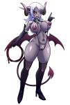  1girl artist_request big_breasts black_sclera blush breasts crotchless dark_skin demon_girl demon_horns demon_tail earring earrings elbow_gloves female gloves hair high_heels highres horns jewelry large_breasts looking_at_viewer monster_girl nipples original pointy_ears pubic_hair purple_eyes pussy shoes simple_background sling_bikini slutty smile solo stockings succubus swimsuit tail teaf thigh_high_boots thighhighs uncensored whip white_background white_hair wings 