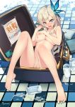  1girl aqua_eyes areola areolae big_breasts blonde_hair boku_wa_tomodachi_ga_sukunai breasts butterfly_hair_ornament covering covering_breasts cum cum_on_body cum_on_breasts cum_on_upper_body feet green_eyes hair_ornament handheld_game_console in_container ipad kashiwazaki_sena large_breasts long_hair lvans nail_polish nintendo_3ds nude nude_cover open_mouth playstation_portable pussy solo suitcase tablet_pc tiles toenail_polish uncensored 