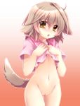  1girl animal_ears bare_legs blush bottomless brown_hair dog_ears dog_tail embarrassed hands_on_chest hands_on_own_chest hands_to_chest high_res highres no_panties no_pants open_mouth original pussy shinolion short_hair solo tail takitsume_shino uncensored yellow_eyes 