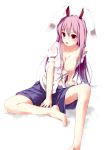  1girl :p animal_ears arm_support bare_legs barefoot blush breasts bunny_ears cleavage collarbone dress_shirt erect_nipples fal_maro feet female high_res highres hot long_hair no_bra nude off_shoulder purple_hair red_eyes reisen_udongein_inaba see-through shirt simple_background sitting skirt solo sweat tongue tongue_out touhou very_long_hair wet wet_clothes white_background 