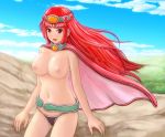  :d big_breasts blush borurun breasts cape circlet cloud fantasy female large_breasts long_hair nature navel nipples open_mouth original outdoors panties purple_eyes red_hair sky smile solo topless underwear 