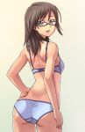  1girl ass back blue_bra blue_panties bra brown_hair cameltoe dimples_of_venus e20 glasses green_eyes hand_on_hip hips houzumi_satsuki lingerie long_hair looking_back one-piece_tan open_mouth original panties simple_background smile solo standing tan tanline underwear underwear_only 