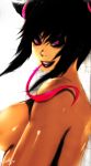  1girl absurdres black_hair breasts capcom drill_hair grin han_juri highres large_breasts lipstick makeup mouth_hold nude out-of-frame_censoring pointy_hair purple_eyes purple_lipstick ribbon shiny shiny_skin short_twintails sideboob signature smile solo street_fighter street_fighter_iv street_fighter_iv_(series) super_street_fighter_iv tikantz twin_drills twintails 