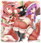  2girls all_fours ass bent_over boots breasts christmas cleavage crescent hair hat head_wings headgear high_heels koakuma long_hair looking_back lying midriff miki_purasu multiple_girls on_side one_eye_closed patchouli_knowledge purple_hair red_hair santa_costume santa_hat shoes short_shorts shorts stockings the_embodiment_of_scarlet_devil thigh_boots thigh_high_boots thighhighs touhou wink 