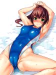  1girl armpits arms_up blush bosshi breasts brown_hair cameltoe clothed_navel competition_swimsuit erect_nipples fat_mons green_eyes highleg highleg_swimsuit legs long_hair looking_at_viewer lying mizugi_kanojo mizuho_(mizugi_kanojo) navel one-piece_swimsuit original ponytail shadow single_vertical_stripe smile solo spread_legs swimsuit thighs wet wet_hair 