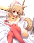  1girl :&lt; absurd_res absurdres animal_ears bell bell_collar bikini_top blonde_hair blush breasts brown_hair christmas cleavage collar dog_ears dog_tail elbow_gloves gloves hat high_res highres lying on_side original rankiryuu red_eyes red_gloves red_legwear santa_hat short_hair solo stockings tail thighhighs 