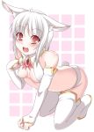  1girl absurd_res absurdres all_fours animal_ears boots breasts bunny_ears cleavage detached_sleeves high_res highres original panties red_eyes short_hair solo stockings tail takayuki_hiyori thigh_boots thigh_high_boots thighhighs underwear white_hair 