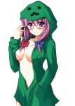  1girl adjusting_glasses alternate_costume alternate_hairstyle bespectacled big_breasts blush bow breasts bust cleavage creeparka creeper female glasses hair_bow hand_in_pocket hood hoodie large_breasts long_hair looking_at_viewer minecraft naked_hoodie navel no_bra patchouli_knowledge payot purple_eyes purple_hair semi-rimless_glasses sidelocks simple_background smile solo touhou under-rim_glasses upper_body white_background yumi_(careca398) 