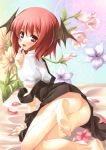  1girl all_fours alternate_hairstyle arm_support ass bare_legs barefoot blush bob_cut come_hither feet female finger_to_mouth floral_background flower hands head_wings koakuma looking_at_viewer looking_back no_panties no_wings petals red_eyes red_hair short_hair soles solo strap_slip the_embodiment_of_scarlet_devil tilm tirumu toes touhou 