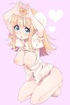  1girl amezawa_koma animal_ears arms_up barefoot big_breasts blonde_hair blue_eyes blush bottomless breasts breasts_outside framed_breasts heart heart_hands horns inverted_nipples kneel kneeling large_breasts long_hair looking_at_viewer nipples no_panties open_clothes open_shirt original pink_background sheep_ears shirt simple_background solo 