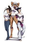  3girls ahoge anklet armlet arms_behind_head artist_name barefoot breasts brown_hair capcom casual dark-skinned_female dark_skin drill_hair elena elena_(street_fighter) fingerless_gloves full_body gloves grin hair_slicked_back height_difference high_ponytail highres huge_ahoge huge_breasts ibuki_(street_fighter) jewelry juri_han large_breasts magion02 medium_breasts midriff multiple_girls neck_ring no_pants one_eye_closed panties pointy_hair raccoon_tail shirt short_sleeves short_twintails signature smile squiggle standing street_fighter street_fighter_iii street_fighter_iv street_fighter_iv_(series) super_street_fighter_iv tail tall twin_drills twintails underwear v white_hair white_panties white_shirt wink 
