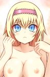  1girl :&lt; :3 alice_margatroid areola areolae bad_id bangs bare_shoulders big_breasts blonde_hair blue_eyes breasts bust cleavage collarbone female hairband high_res highres large_breasts looking_at_viewer nipples nude paparins pink_background shiny shiny_skin short_hair solo touhou upper_body white_background 