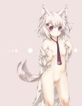  1girl animal_ears arutoria blush breasts dots erect_nipples navel neck_tie necktie nipples nude open_clothes original red_eyes short_hair simple_background solo tail uncensored white_hair wolf_ears wolf_tail 