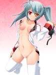  1girl amber_eyes blue_hair breasts censored eyepatch eyepatch_removed heterochromia highres infinite_stratos laura_bodewig macchi_bou navel nipples open_clothes open_shirt pussy red_eyes shirt silver_hair solo stockings thighhighs twin_tails twintails yellow_eyes 