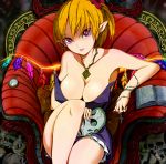  1girl :q adult alternate_breast_size armchair big_breasts blonde_hair book breasts chair cleavage earrings female flandre_scarlet gem hair high_res highres huge_breasts jewelry jewels large_breasts md5_mismatch nail_polish older pointy_ears ponytail red_eyes red_nails red_upholstery reri short_hair side_ponytail sitting skull solo tongue tongue_out touhou 