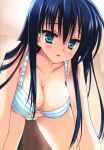  1girl absurd_res absurdres aqua_eyes black_hair blue_hair blush bra breasts copyright_request green_eyes hanging_breasts high_res highres lingerie long_hair muririn panties solo source_request striped striped_bra striped_panties underwear underwear_only 
