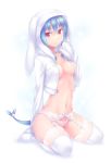  1girl animal_ears aqua_hair breasts bunny_ears full_body garter_belt hood hoodie lace lace-trimmed_thighhighs lace_panties leaf_girl lingerie long_sleeves monster_girl nanakusa navel no_bra no_pants open_clothes open_shirt original panties red_eyes shirt simple_background sitting sleeves_past_wrists solo stockings tail thighhighs underwear wariza white white_background white_legwear white_thighhighs 