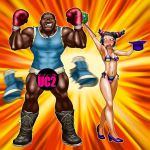 1boy 1girl 90s armpits asian balrog_(street_fighter) bikini blush boots boro bottomless boxing_gloves breasts capcom censored cross-laced_footwear dark-skinned_male dark_skin drill_hair grin hat hat_removed headwear_removed high_heels highleg highleg_bikini highleg_swimsuit juri_han lace-up_boots missing_tooth muscle parody pointy_hair red_eyes shoes short_twintails shorts side-tie_bikini smile street_fighter street_fighter_ii street_fighter_iv super_street_fighter_iv surprised swimsuit toned top_hat torn_clothes twin_drills twintails wardrobe_malfunction 