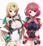  2_girls ailf alluring big_breasts blonde_hair cleavage clothed core_crystal kasai_shin milf mythra nintendo pin_up pyra red_eyes red_hair xenoblade_(series) xenoblade_chronicles_2 yellow_eyes 