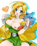 1girl assisted_exposure bad_id bianca_(dragon_quest) bianca_whitaker blonde_hair blue_eyes braided_hair breasts dragon_quest dragon_quest_v hair_over_shoulder huge_breasts long_hair nipples open_mouth single_braid slime_(dragon_quest) solo square_enix takatsuki_ichi you_gonna_get_raped 