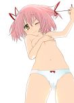  1girl arm_up blush breasts brown_eyes covering covering_breasts hair_ribbon kaname_madoka korobu_(madob) madoka_kaname mahou_shoujo_madoka_magica navel nipple_slip nipples panties panties_only pink_hair ribbon short_hair short_twintails solo sweatdrop topless twintails underwear underwear_only untying wince 