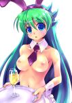 1girl animal_ears bad_id blue_eyes blush breasts bunny_ears collar collarbone cup detached_collar green_hair high_res highres long_hair navel neck_tie nipples open_mouth really_till realy_till solo topless twinkle_star_sprites wine_glass wrist_cuffs x.x